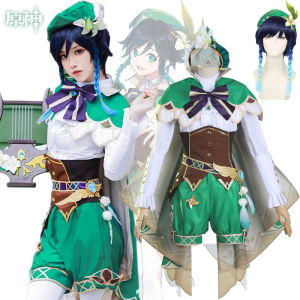 ชุดเครื่องแบบชูดเดรสปาร์ตี้ตัวละครอนิเมะด้วยวิกผมคอสเพลย์เทศกาลสำหรับผู้หญิงเกม Genshin Impact Venti Barbatos