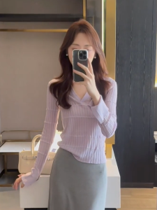 HUOLISI | Purple Polo Neck Bell Sleeve Slim Fit Knit Top