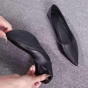 Soft Leather Flat Shoes Black Pointed-Toe Soft Bottom Comfortable Womens Shoes Professional Stewardess Etiquette Work Hotel Elegant Shoes