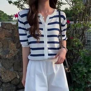 DVDK | Striped V-Neck Short Sleeve Knitted T-Shirt For Women