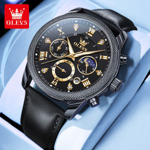 OLEVS 3660 Fashion Men Quartz Watch Gift Leather Watchband Round-dial Wristwatch Moon Phase Calendar Luminous Small second