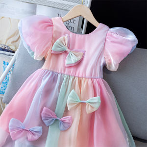 Công Chúa Váy Mùa Hè Dành Cho Trẻ Em Đầm Thời Trang Bé Gái Hiệu Suất Đầm Dáng Chữ A Cotton Vải Bông Phối Tay Ngắn Màu Trơn Màu Váy