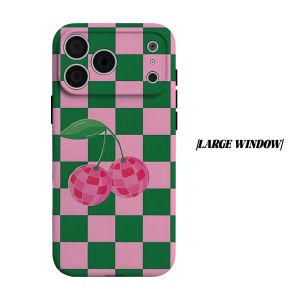 Pink Cherry Checkered Phone Case for iPhone 18 17 16 15 14 13 12 11 Air Pro Max Plus Double-layer Cover