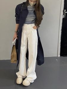High Waist Wide Leg Jeans Womens Spring Autumn Loose Straight Floor-Length Pants American Folded Jeans Long Trousers