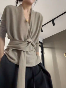 YUANYA | Korean Style V-Neck Knitwear Cross Straps Waist-Cinching Top