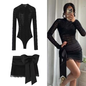 Chic Fashion Bow Splicing Lace Mini Skirts Two Piece Sets For Women 2025 New Bodysuits Top Womens Suits Elegant Woman Outfits ﻿