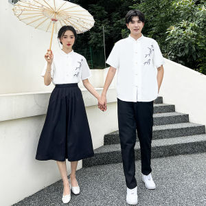 New Chinese Style Shirt Skirt Set for High School Students Sports Meeting Chorus Reading Class Uniform Polyester Long Sleeve