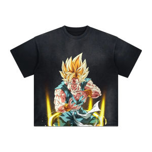 Bandai | Dragon Ball Z Mens and Womens Washed T-Shirt Son Goku Summer and Spring New Anime Tee Retro Distressed Versatile Short Sleeve