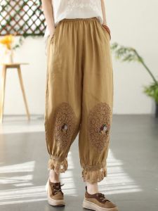 Embroidered Cotton Linen Casual Pants for Women Asymmetric Design Wide Loose Fit Ankle-Length Work Clothing With Pocket