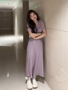 VKSOD | ชุดเดรสยาวทรงเอสีม่วง แขนพอง ชายกระโปรง ทรงเข้ารูป สำหรับผู้หญิง ฤดูร้อน 2025 ชุดเดรสสไตล์ฝรั่งเศส ทรงเข้ารูป