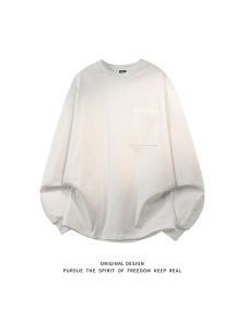 เสื้อยืดคอกลมแขนยาวผ้าฝ้ายแท้สำหรับผู้ชาย ทรงหลวมสบาย ๆ ทรงพอดีตัว ดีไซน์กระเป๋า ทรงพื้นฐาน ฤดูใบไม้ร่วง