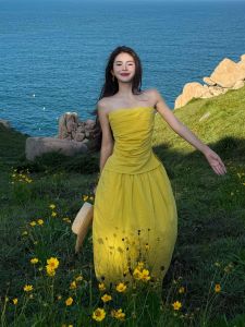 VKSOD | French Elegant Yellow Strapless Top Women Summer Beach Vacation Loose Midi Skirt Two-Piece Set Casual Wear For All Ages