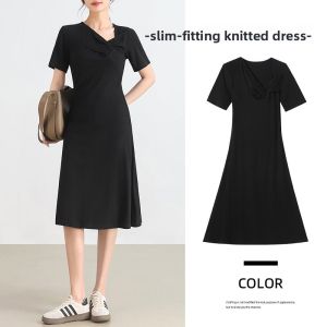 YAMIANNV | Slimming Short Sleeve V-Neck Black Dress Womens Extended Length Midi Dress Korean Style High Waist Cotton Blend Casual Dress