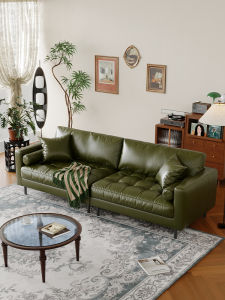 Vintage Oil Wax Genuine Cow Leather Sofa Modern Small Apartment Living Room Three Four-Seat Retro Green Straight Row Leather Sofa