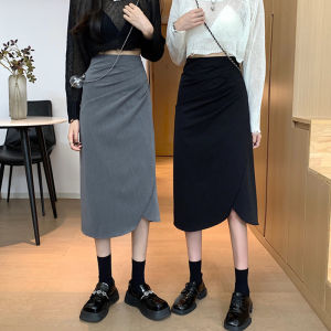 High Waist Pleated Asymmetrical Hem Midi Skirt for plus Size Women Wrap Arm Skirt Pure Color Versatile Elegant A-Line Silhouette