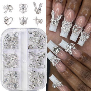 30Pcs 3D Silver Bow Heart Rabbit Nail Charms with Clear Crystal Alloy Star Love Nail Art Decorations DIY Luxury Manicure Parts 1