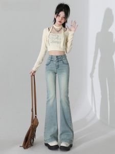 Quần Jeans Denim Ống Loe Màu Xanh Nhạt Cạp Cao Cho Nữ Quần Dài Đến Sàn Phong Cách Retro Thời Trang Mùa Thu Quần Jeans Nữ