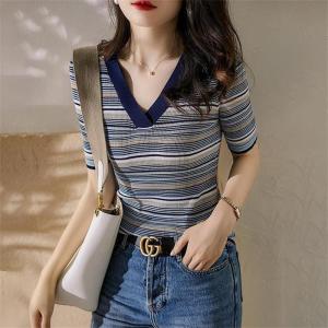 LUCKIN STORE Womens V-neck Stripe T-shirt Knit Womens Short Top Summer Thin 2025 New Slim Korean Top Plus Size