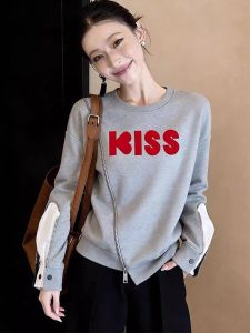XUECAIQI | Vintage Design Letter Print Gray Womens Sweatshirt Spring Loose