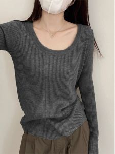 HUOLISI | Gray U-Neck Collar Bone Revealing Knit Sweater Autumn Inlay