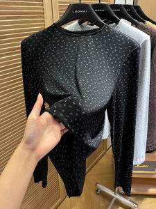 Gray Floral Shoulder Long Sleeves T-Shirt Womens Spring and Autumn Stylish Niche Style round Neck Bottoming Shirt Slim-Fit Underwear Top