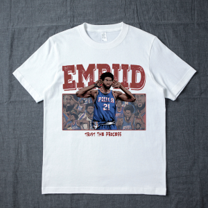 Summer Cotton Hand-Drawn round Neck Short Sleeve T-Shirt Basketball Theme Embiid Cartoon Printed Casual Top for Youth Men