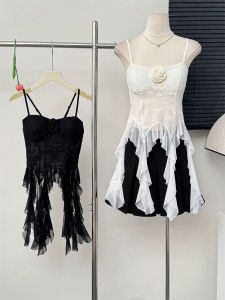 เสื้อกั๊กสายเดี่ยวผ้าตาข่ายลายดอกไม้ 3 มิติสไตล์ฝรั่งเศส สำหรับผู้หญิง ฤดูใบไม้ร่วง ทรงสลิมฟิต เสื้อครอปสายเดี่ยว แขนกุด