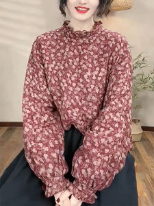 QINGNAER | Elegant Fashionable Ladies Plus Size Top Floral Stand-Collar Bell-Sleeve