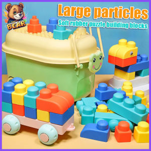 Childrens Large Particle Soft Rubber Building Blocks Baby Puzzle DIY Assembly Building Blocks Storage Bucket Toys Baby Boys and Girls