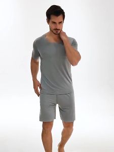 SINRANSINYA丨ชุดสูทสำหรับผู้ชายกางเกงขาสั้นแขนสั้นสำหรับผู้ชายชุดนอนกางเกงสีทึบลำลองผ้ายืดชุดเล่นกีฬาผ้าไอซ์ซิลค์