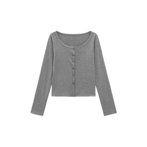 Sweet Spicy Short Sleeveless Knitted Cardigan Womens Summer Lazy Style Grey round Neck Long Sleeve Top Slim Fit Korean Version