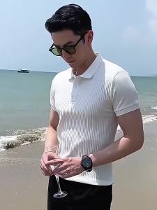 NLONKE Stripe Polo Shirt Mens Summer Breathable Thin Knitted T-Shirt Turn-down Short Sleeve Casual Half Sleeve Top