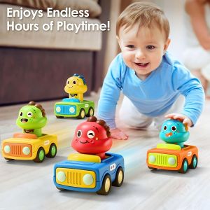 4PCS Dinosaur Push and Go Toy Cars for Toddlers – Friction Powered Colorful Cartoon Design Early Education Toy Gift for Boys and Girls