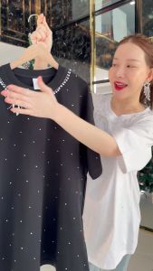 ✅รุ่นใหม่เสื้อยืดแขนสั้นoversized ดีเทลแต่งโบว์ปักเพชรสวยมาก🎀 ผ้านิ่มสุด ยืดเยอะยาวพรางหุ่นมากค่าา E68 - Tinysherbet