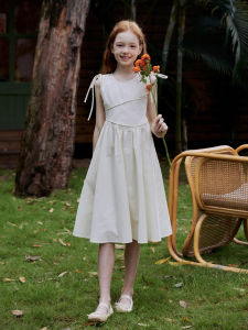 Pure Cotton Drawstring Splice Design Minimalist Comfortable Cream Apricot Dress for Girls by Mpeng Korean Style Summer Dress