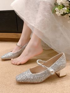 Mary Jane Wedding Shoes Womens New 2024 Comfortable Chunky Heel Engagement Shoes Daily Wear Medium Heel Pearl Embellished