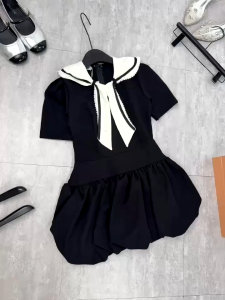 DX_Đầm tiểu thư đi tiệc váy công sở đầm cổ thuỷ thủ phối nơ chất Cotton Lạnh tùng bí có lót