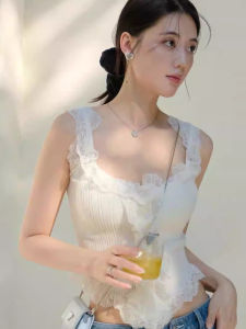 chaqi | เสื้อกล้ามผ้าลูกไม้สไตล์ฝรั่งเศสสำหรับผู้หญิง เสื้อชั้นในสั้นไม่มีแขนเซ็กซี่ ทรงไม่สมมาตร ใส่ได้ทั้งในและนอกบ้าน