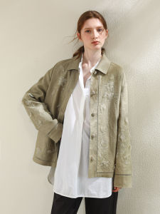 Miccbeirn | Pure Hanflax Short Embroidered Jacket Sparkling Sequins Womens Fashion Retro Style Floral Pattern Button Closure Long Sleeve Top