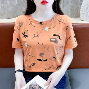 Pure Cotton Orange Short Sleeve Womens T-shirt Loose round Neck Summer Fashion Print Top Age-Defying Korean Style Commute