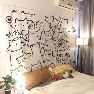 VIKAMA Simple Pen Lines Cat Tapestry Black and White Hand drawn Graffiti Cat Background Cloth Warm Tapestry Room Decoration