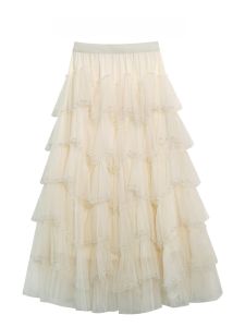 กระโปรงยาวปานกลางผ้าตาข่ายเอวสูงปักลูกปัดหลากชั้นหวานๆ กระโปรงทรงเอสไตล์นางฟ้า