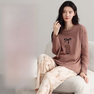 Miiow | Womens Long Sleeve Sleepwear Set Comfortable Breathable Home Clothes Loose Fit Large Size With Chest Pad Anti-Bulge Soft Touch