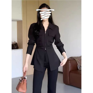 plus Size Womens Shirt Fashionable Waist-Cinching Side Pleats Slimming Top Korean Style Commute Wind Long Sleeve POLO Collar