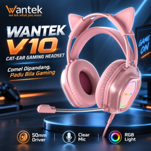 Wantek V10 Wired Gaming Headset with Mic RGB Cat Ear 3.5mm Multi-Platform PC PS4 PS5 Xbox Switch Phone