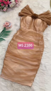 MyDu Shop | MS 2386 Đầm Dự Tiệc – Trễ Vai Lưới Nhún Đính Hoa Nhẹ Trước Ngực