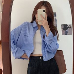 Embroider Shirt Idle Style Stylish Long Sleeves Sun Protection Shirt K-style High Waist Tops Spring Vertical Striped Short Outwear