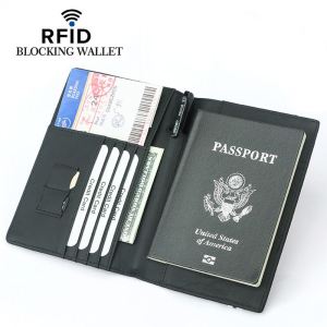 RFID Leather Passport Bag Multifunctional Elastic Band Document Cover Authentic Cowhide Stripe Pattern Vertical Shape Horizontal