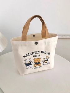 New Fashionable Canvas Bag Bear Print Handheld Womens Bag Portable Lunch Bag for Work Fresh Style Spring Season Handbag