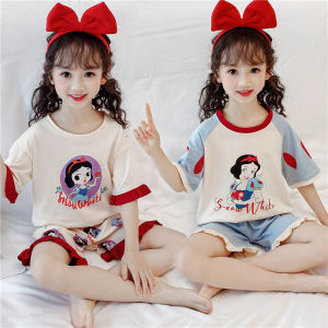 ชุดนอนแขนสั้นสําหรับเด็กชุดอยู่บ้านผ้าฝ้ายแท้แบบบางสําหรับเด็กหญิงวัย5-12ขวบชุดกางเกงขาสั้นลายการ์ตูนสําหรับเด็กเล็กเด็กผู้หญิง